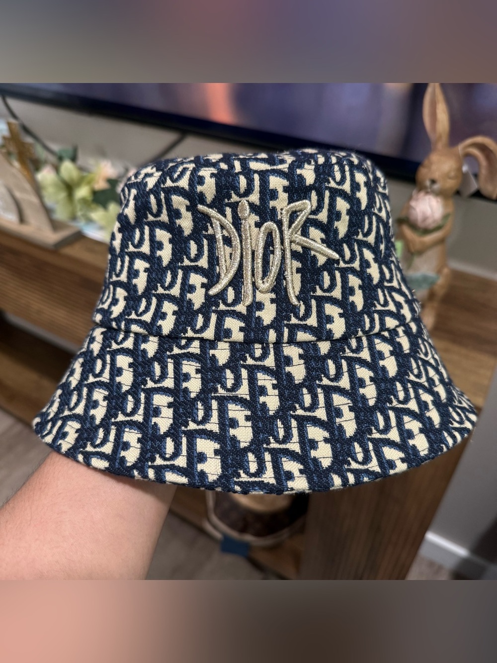 Navy & Cream Monogram Bucket Hat with Embroidered Logo